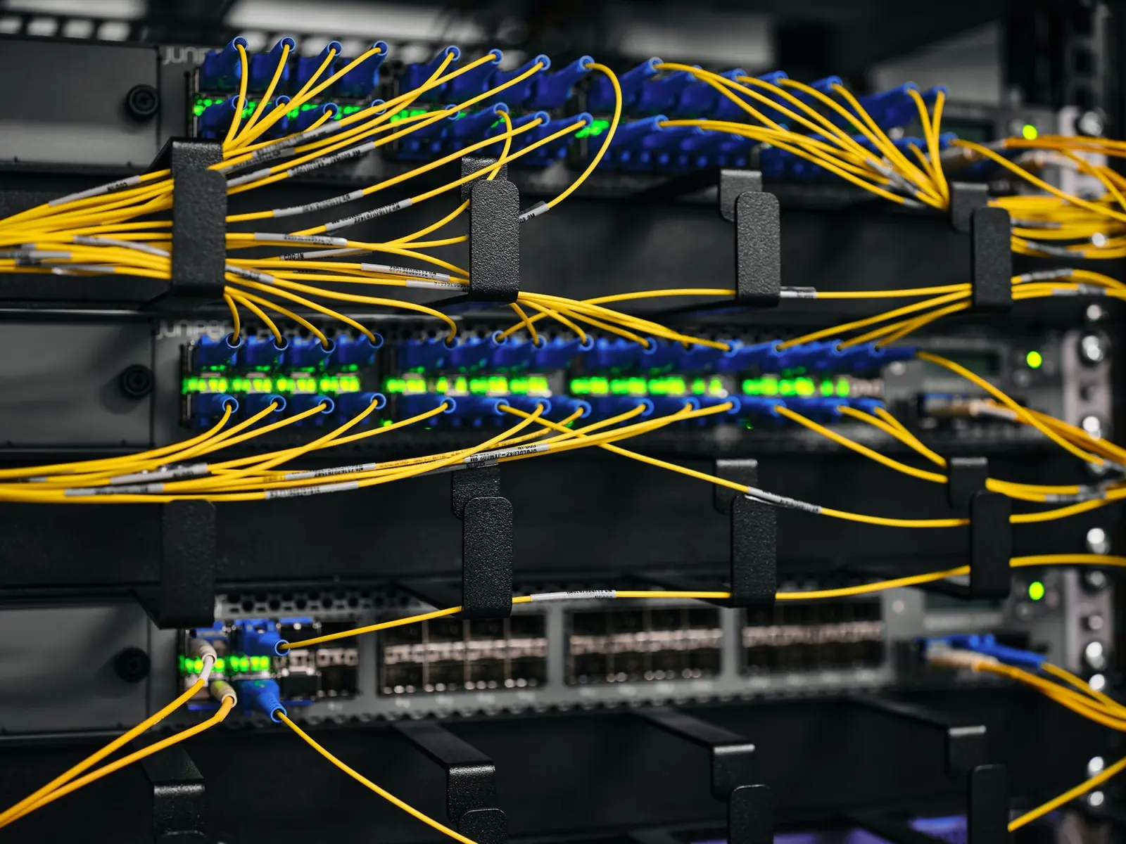 Yellow fibre patch cables in a network rack.